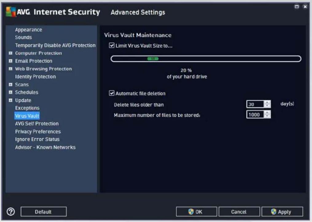 AVG Internet Security Advanced Settings Appearance Sounds Temporarily Disable AVG Protection Computer Protection Email Protection Web Browsing Protection Identity Protection Scans Schedules Update Exceptions Virus Vault AVG Self Protection Privacy Preferences Ignore Error Status Advisor - Known Networks Virus Vault Maintenance Limit Virus Vault Size to... 20 % of your hard drive Automatic file deletion Delete files older than 30 day(s) Maximum number of files to be stored: 1000 Default OK Cancel Apply