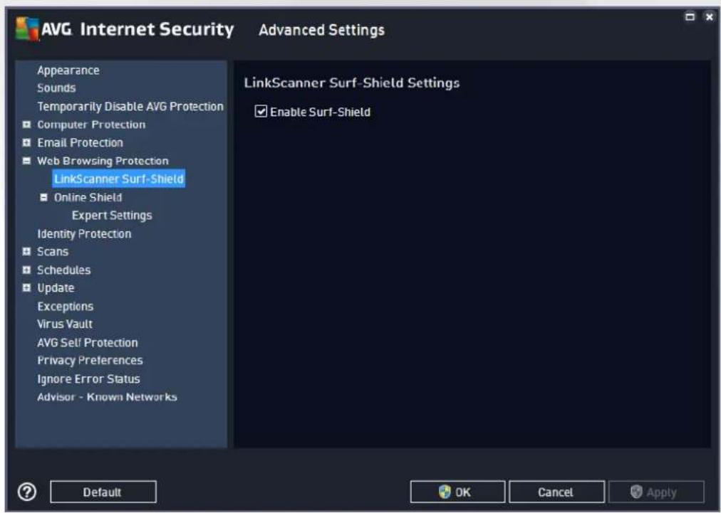 AVG Internet Security Advanced Settings Appearance Sounds Temporarily Disable AVG Protection Computer Protection Email Protection Web Browsing Protection LinkScanner Surf-Shield Online Shield Expert Settings Identity Protection Scans Schedules Update Exceptions Virus Vault AVG Self Protection Privacy Preferences Ignore Error Status Advisor - Known Networks LinkScanner Surf-Shield Settings Enable Surf-Shield Default OK Cancel Apply