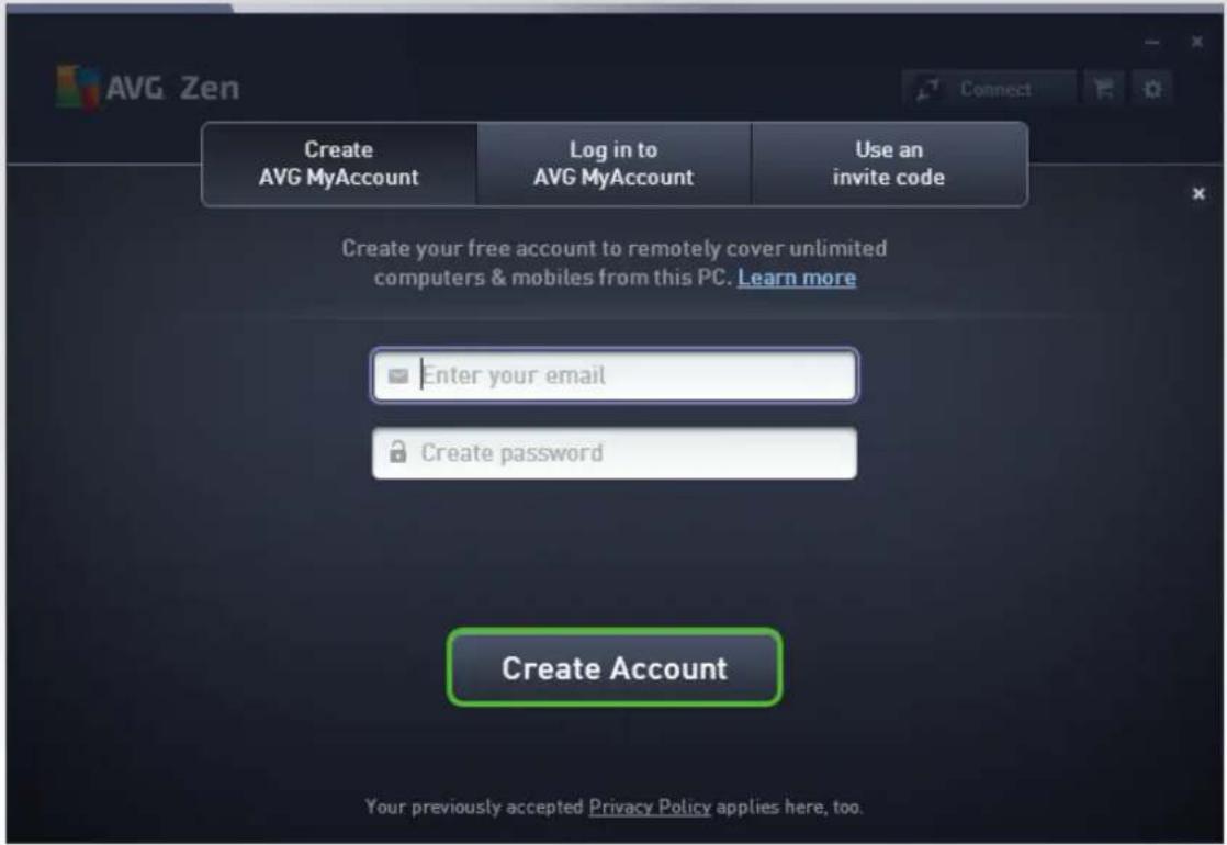 AVG Zen Create AVG MyAccount Log in to AVG MyAccount Use an invite code Create your free account to remotely cover unlimited computers & mobiles from this PC. Learn more Enter your email Create password Create Account Your previously accepted Privacy Policy applies here, too.