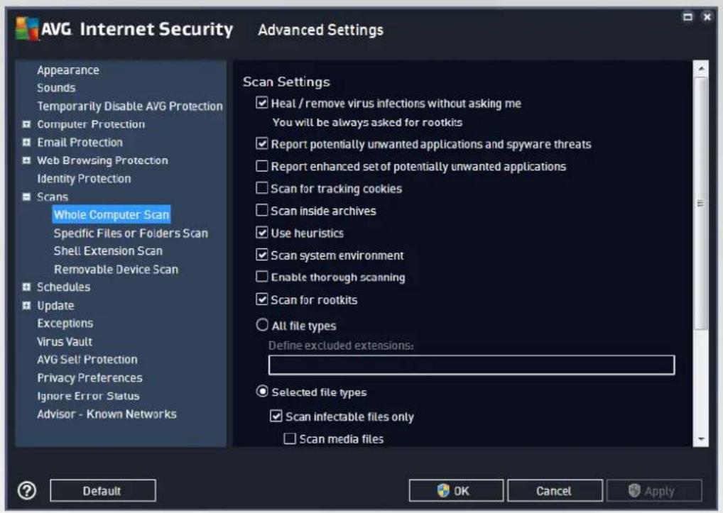AVG Internet Security Advanced Settings Appearance Sounds Temporarily Disable AVG Protection Computer Protection Email Protection Web Browsing Protection Identity Protection Scans Whole Computer Scan Specific Files or Folders Scan Shell Extension Scan Removable Device Scan Schedules Update Exceptions Virus Vault AVG Self Protection Privacy Preferences Ignore Error Status Advisor - Known Networks Scan Settings Heal / remove virus infections without asking me You will be always asked for rootkits Report potentially unwanted applications and spyware threats Report enhanced set of potentially unwanted applications Scan for tracking cookies Scan inside archives Use heuristics Scan system environment Enable thorough scanning Scan for rootkits All file types Define excluded extensions: Selected file types Scan infectable files only Scan media files Default OK Cancel Apply
