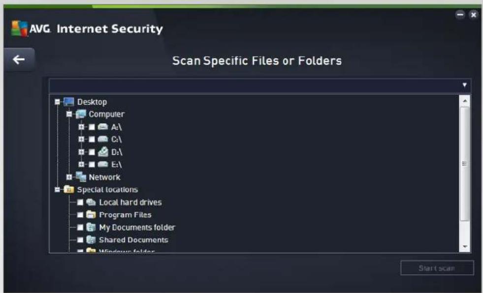 AVG Internet Security Scan Specific Files or Folders Desktop Computer A:\ C:\ D:\ E:\ Network Special locations Local hard drives Program Files My Documents folder Shared Documents Windows folder Start scan