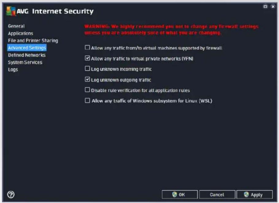 AVG Internet Security General Applications File and Printer Sharing Advanced Settings Defined Networks System Services Logs WARNING: We highly recommend you want to change any firewall settings unless you are absolutely sure of what you are changing. Allow any traffic from/to virtual machines supported by firewall Allow any traffic to virtual private networks (YFNI) Log unknown incoming traffic Log unknown outgoing traffic Disable rule verification for all application rules Allow any traffic of Windows subsystem for Linux (WSL) OK Cancel Apply