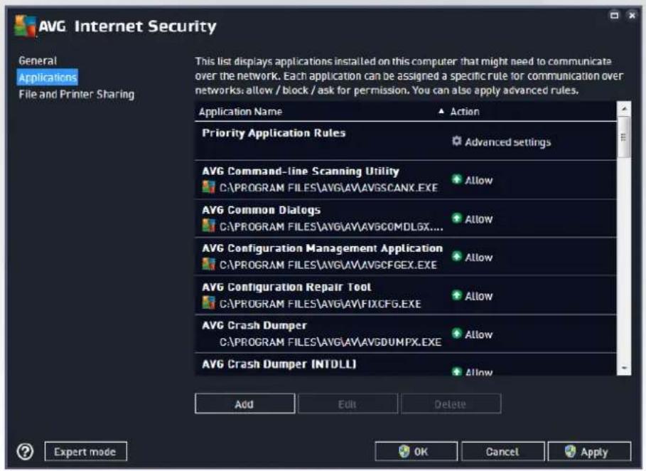 AVG Internet Security General Applications File and Printer Sharing This list displays applications installed on this computer that might need to communicate over the network. Each application can be assigned a specific rule for communication over networks: allow / block / ask for permission. You can also apply advanced rules. Application Name Action Priority Application Rules Advanced settings AVG Command-line Scanning Utility Allow C:\PROGRAM FILES\AVG\AV\AVGSCANX.EXE AVG Common Dialogs Allow C:\PROGRAM FILES\AVG\AV\AVGCOMDLGX.... AVG Configuration Management Application Allow C:\PROGRAM FILES\AVG\AV\AVGCFGEX.EXE AVG Configuration Repair Tool Allow C:\PROGRAM FILES\AVG\AV\FIXCFG.EXE AVG Crash Dumper C:\PROGRAM FILES\AVG\AV\AVGDUMPX.EXE AVG Crash Dumper (NTDLL) Allow Add Edit Delete Expert mode OK Cancel Apply