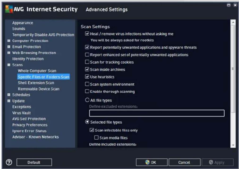 AVG Internet Security Advanced Settings Appearance Sounds Temporarily Disable AVG Protection Computer Protection Email Protection Web Browsing Protection Identity Protection Scans Whole Computer Scan Specific Files or Folders Scan Shell Extension Scan Removable Device Scan Schedules Update Exceptions Virus Vault AVG Set/ Protection Privacy Preferences Ignore Error Status Advisor - Known Networks Scan Settings Heal / remove virus infections without asking me You will be always asked for rootkits Report potentially unwanted applications and spyware threats Report enhanced set of potentially unwanted applications Scan for tracking cookies Scan inside archives Use heuristics Scan system environment Enable thorough scanning All file types Define excluded extensions: Selected file types Scan infectable files only Scan media files Define included extensions: Default OK Cancel Apply