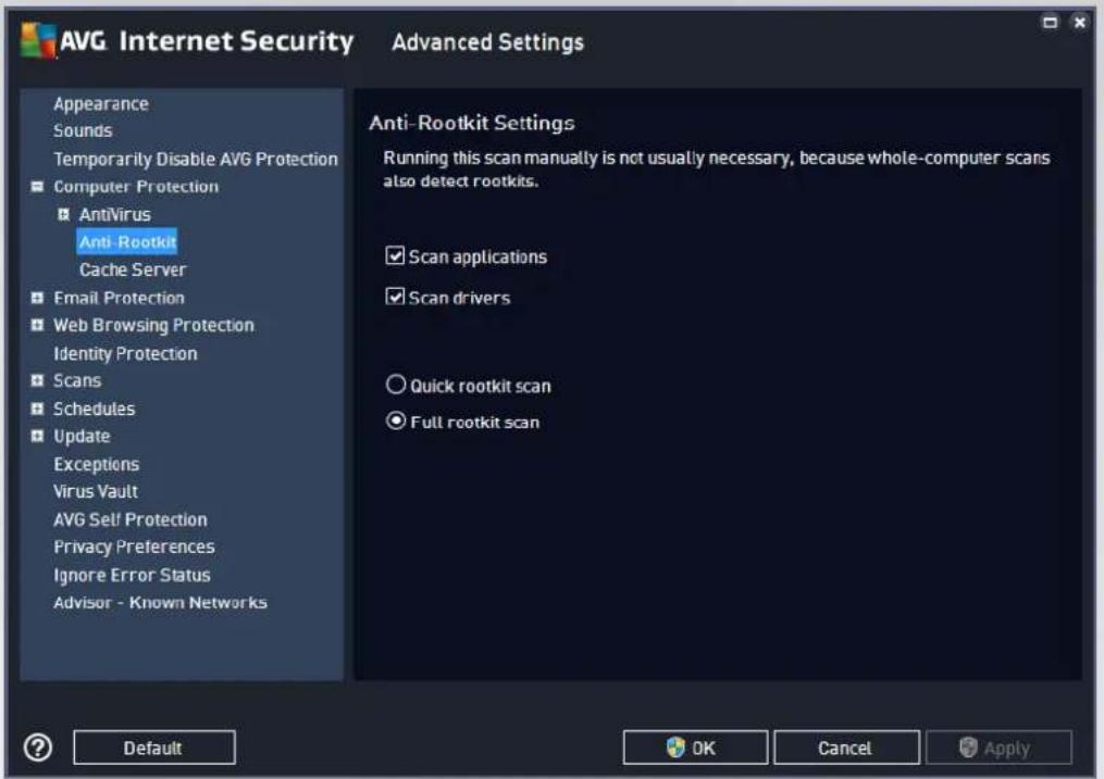 AVG Internet Security Appearance Sounds Temporarily Disable AVG Protection Computer Protection AntiVirus Anti-Rootkit Cache Server Email Protection Web Browsing Protection Identity Protection Scans Schedules Update Exceptions Virus Vault AVG Self Protection Privacy Preferences Ignore Error Status Advisor - Known Networks Advanced Settings Anti-Rootkit Settings Running this scan manually is not usually necessary, because whole-computer scans also detect rootkits. Scan applications Scan drivers Quick rootkit scan Full rootkit scan Default OK Cancel Apply