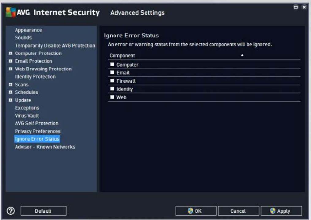 AVG Internet Security Advanced Settings Appearance Sounds Temporarily Disable AVG Protection Computer Protection Email Protection Web Browsing Protection Identity Protection Scans Schedules Update Exceptions Virus Vault AVG Self Protection Privacy Preferences Ignore Error Status Advisor - Known Networks Ignore Error Status An error or warning status from the selected components will be ignored. Component Computer Email Firewall Identity Web Default OK Cancel Apply