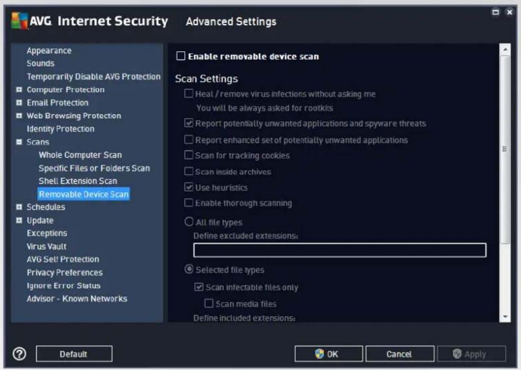 AVG Internet Security Advanced Settings Appearance Sounds Temporarily Disable AVG Protection Computer Protection Email Protection Web Browsing Protection Identity Protection Scans Whole Computer Scan Specific Files or Folders Scan Shell Extension Scan Removable Device Scan Schedules Update Exceptions Virus Vault AVG Set/ Protection Privacy Preferences Ignore Error Status Advisor - Known Networks Enable removable device scan Scan Settings Heal / remove virus infections without asking me You will be always asked for rootkits Report potentially unwanted applications and spyware threats Report enhanced set of potentially unwanted applications Scan for tracking cookies Scan inside archives Use heuristics Enable thorough scanning All file types Define excluded extensions: Selected file types Scan infectable files only Scan media files Define included extensions: Default OK Cancel Apply