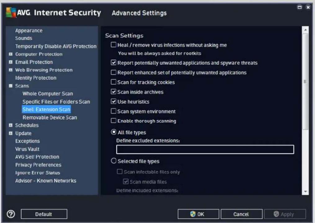 AVG Internet Security Advanced Settings Appearance Sounds Temporarily Disable AVG Protection Computer Protection Email Protection Web Browsing Protection Identity Protection Scans Whole Computer Scan Specific Files or Folders Scan Shell Extension Scan Removable Device Scan Schedules Update Exceptions Virus Vault AVG Self Protection Privacy Preferences Ignore Error Status Advisor - Known Networks Scan Settings Heal / remove virus infections without asking me You will be always asked for rootkits Report potentially unwanted applications and spyware threats Report enhanced set of potentially unwanted applications Scan for tracking cookies Scan inside archives Use heuristics Scan system environment Enable thorough scanning All file types Define excluded extensions: Selected file types Scan infectable files only Scan media files Define included extensions: Default OK Cancel Apply