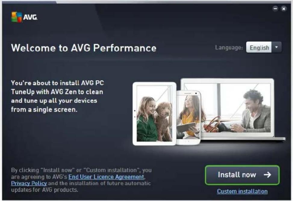 AVG Welcome to AVG Performance Language: English You're about to install AVG PC TuneUp with AVG Zen to clean and tune up all your devices from a single screen. By clicking "Install now" or "Custom installation", you are agreeing to AVG's End User Licence Agreement, Privacy Policy and the installation of future automatic updates for AVG products. Install now → Custom installation