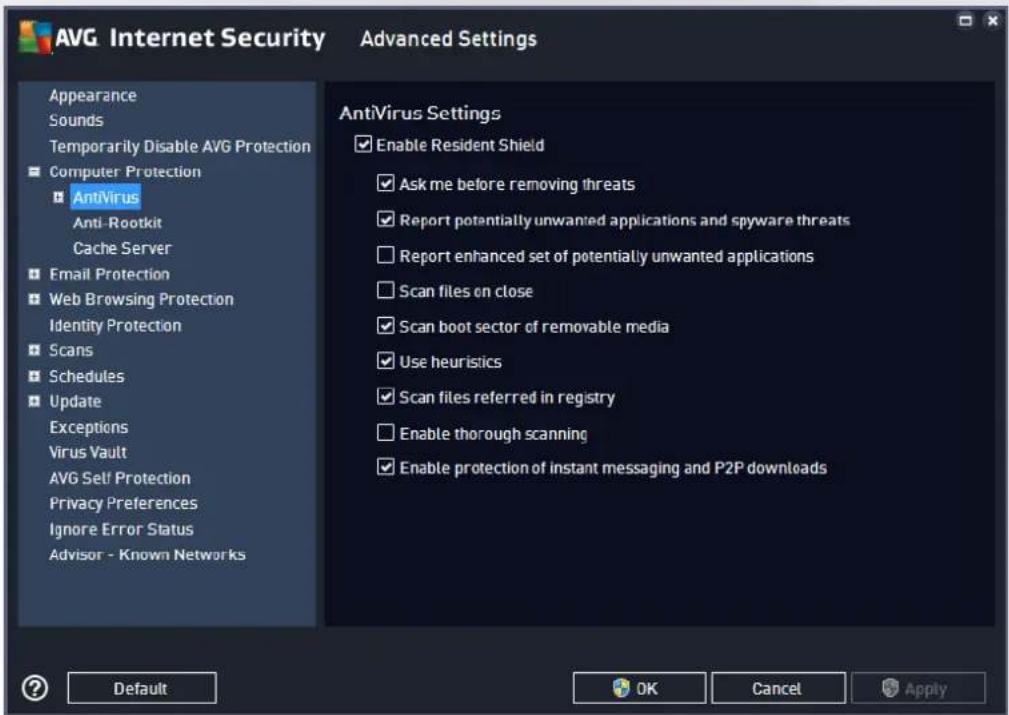 AVG Internet Security Advanced Settings Appearance Sounds Temporarily Disable AVG Protection Computer Protection AntiVirus Anti-Rootkit Cache Server Email Protection Web Browsing Protection Identity Protection Scans Schedules Update Exceptions Virus Vault AVG Self Protection Privacy Preferences Ignore Error Status Advisor - Known Networks AntiVirus Settings Enable Resident Shield Ask me before removing threats Report potentially unwanted applications and spyware threats Report enhanced set of potentially unwanted applications Scan files on close Scan boot sector of removable media Use heuristics Scan files referred in registry Enable thorough scanning Enable protection of instant messaging and P2P downloads Default OK Cancel Apply