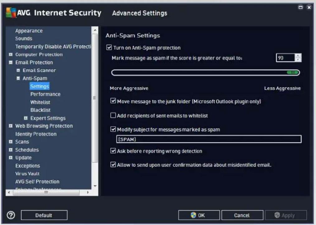 AVG Internet Security Advanced Settings Appearance Sounds Temporarily Disable AVG Protection Computer Protection Email Protection Email Scanner Anti-Spam Settings Performance Whitelist Blacklist Expert Settings Web Browsing Protection Identity Protection Scans Schedules Update Exceptions Virus Vault AVG Self Protection Privacy Preferences Anti-Spam Settings Turn on Anti-Spam protection Mark message as spam if the score is greater or equal to: 90 More Aggressive Less Aggressive Move message to the junk folder (Microsoft Outlook plugin only) Add recipients of sent emails to whitelist Modify subject for messages marked as spam [SPAM] Ask before reporting wrong detection Allow to send upon user confirmation data about misidentified email. Default OK Cancel Apply