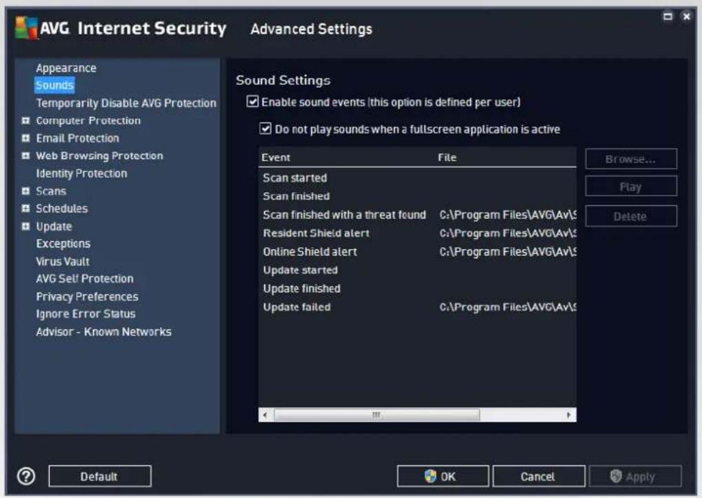 AVG Internet Security Advanced Settings Appearance Sounds Temporarily Disable AVG Protection Computer Protection Email Protection Web Browsing Protection Identity Protection Scans Schedules Update Exceptions Virus Vault AVG Self Protection Privacy Preferences Ignore Error Status Advisor - Known Networks Sound Settings Enable sound events (this option is defined per user) Do not play sounds when a fullscreen application is active Event File Scan started Scan finished Scan finished with a threat found C:\Program Files\AVG\Av$ Resident Shield alert C:\Program Files\AVG\Av$ Online Shield alert C:\Program Files\AVG\Av$ Update started Update finished Update failed C:\Program Files\AVG\Av$ Browse... Play Delete Default OK Cancel Apply