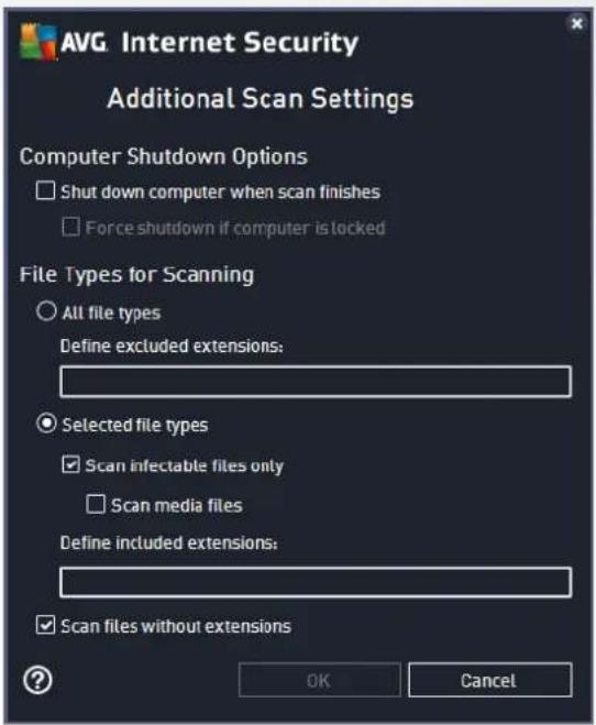AVG. Internet Security Additional Scan Settings Computer Shutdown Options Shut down computer when scan finishes Force shutdown if computer is locked File Types for Scanning All file types Define excluded extensions: Selected file types Scan infectable files only Scan media files Define included extensions: Scan files without extensions OK Cancel