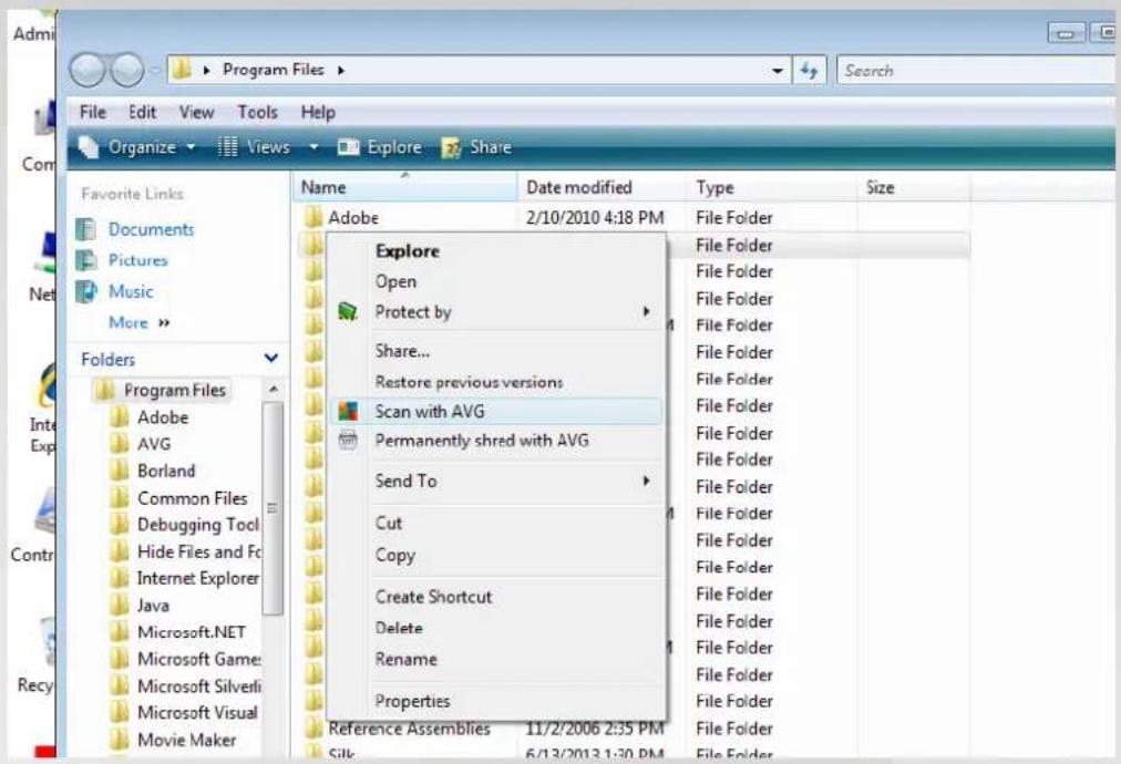 Admi File Edit View Tools Help Organize Views Explore Share Favorite Links Documents Pictures Music More > Folders Program Files Adobe AVG Borland Common Files Debugging Tool Hide Files and Fo Internet Explorer Java Microsoft.NET Microsoft Games Microsoft Silvervi Microsoft Visual Movie Maker Name Date modified Type Size Adobe 2/10/2010 4:18 PM File Folder Explore Open Protect by Share... Restore previous versions Scan with AVG Permanently shred with AVG Send To Cut Copy Create Shortcut Delete Rename Properties Reference Assemblies 11/2/2006 2:35 PM Silk 6/13/2013 1:30 PM File Folder