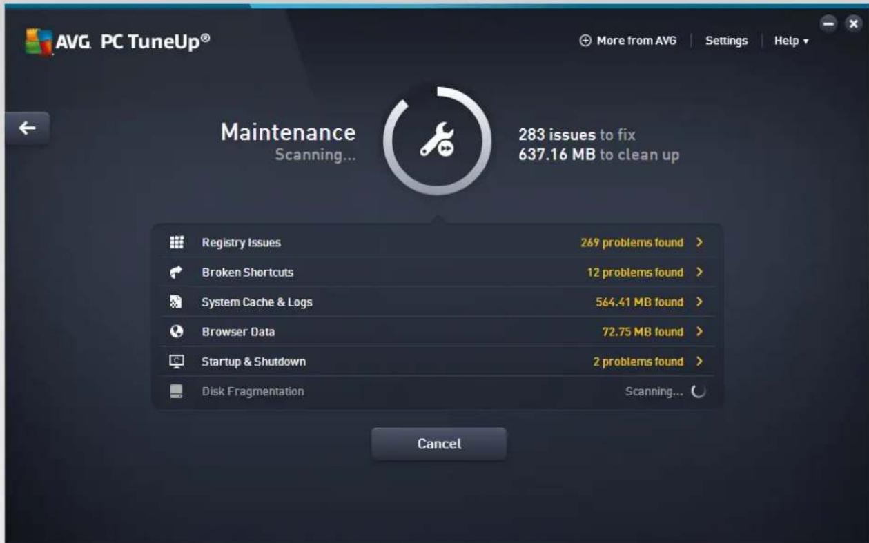 AVG PC TuneUp® More from AVG Settings Help Maintenance Scanning... 283 issues to fix 637.16 MB to clean up Registry Issues 269 problems found > Broken Shortcuts 12 problems found > System Cache & Logs 564.41 MB found > Browser Data 72.75 MB found > Startup & Shutdown 2 problems found > Disk Fragmentation Scanning... Cancel