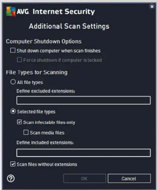 AVG. Internet Security Additional Scan Settings Computer Shutdown Options □ Shut down computer when scan finishes □ Force shutdown if computer is locked File Types for Scanning ○ All file types Define excluded extensions: ● Selected file types ✓ Scan infectable files only □ Scan media files Define included extensions: ☑ Scan files without extensions OK Cancel