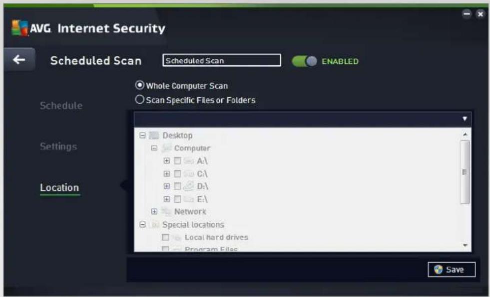 AVG Internet Security Scheduled Scan Scheduled Scan ENABLED Whole Computer Scan Scan Specific Files or Folders Desktop Computer A:\ C:\ D:\ E:\ Network Special locations Local hard drives Program Files Save