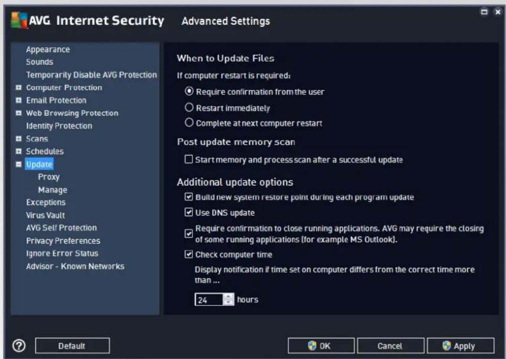 AVG Internet Security Appearance Sounds Temporarily Disable AVG Protection Computer Protection Email Protection Web Browsing Protection Identity Protection Scans Schedules Update Proxy Manage Exceptions Virus Vault AVG Self Protection Privacy Preferences Ignore Error Status Advisor - Known Networks Advanced Settings When to Update Files If computer restart is required: Require confirmation from the user Restart immediately Complete at next computer restart Post update memory scan Start memory and process scan after a successful update Additional update options Build new system restore point during each program update Use DNS update Require confirmation to close running applications. AVG may require the closing of some running applications (for example MS Outlook). Check computer time Display notification if time set on computer differs from the correct time more than ... 24 hours Default OK Cancel Apply