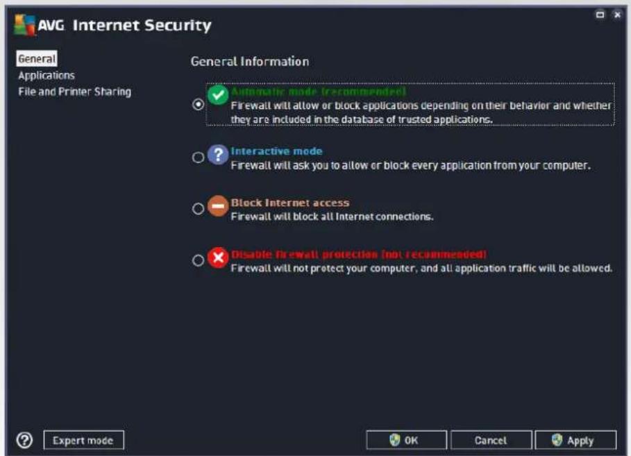 AVG Internet Security General Applications File and Printer Sharing General Information Automatic mode (recommended) Firewall will allow or block applications depending on their behavior and whether they are included in the database of trusted applications. Interactive mode Firewall will ask you to allow or block every application from your computer. Block Internet access Firewall will block all Internet connections. Disable firewall protection (not recommended) Firewall will not protect your computer, and all application traffic will be allowed. Expert mode OK Cancel Apply