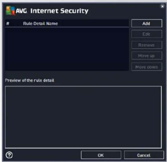 AVG Internet Security Rule Detail Name Add Edit Remove Move up Move down Preview of the rule detail OK Cancel