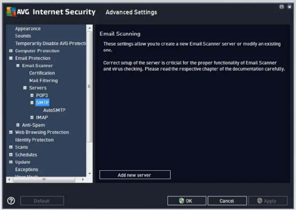 AVG Internet Security Appearance Sounds Temporarily Disable AVG Protection Computer Protection Email Protection Email Scanner Certification Mail Filtering Servers POP3 SMTP AutoSMTP IMAP Anti-Spam Web Browsing Protection Identity Protection Scans Schedules Update Exceptions Virus Vault Advanced Settings Email Scanning These settings allow you to create a new Email Scanner server or modify an existing one. Correct setup of the server is critical for the proper functionality of Email Scanner and virus checking. Please read the respective chapter of the documentation carefully. Add new server Default OK Cancel Apply