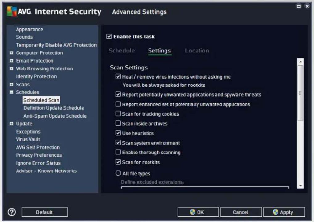AVG Internet Security Advanced Settings Appearance Sounds Temporarily Disable AVG Protection Computer Protection Email Protection Web Browsing Protection Identity Protection Scans Schedules Scheduled Scan Definition Update Schedule Anti-Spam Update Schedule Update Exceptions Virus Vault AVG Self Protection Privacy Preferences Ignore Error Status Advisor - Known Networks Enable this task Schedule Settings Location Scan Settings Heal / remove virus infections without asking me You will be always asked for rootkits Report potentially unwanted applications and spyware threats Report enhanced set of potentially unwanted applications Scan for tracking cookies Scan inside archives Use heuristics Scan system environment Enable thorough scanning Scan for rootkits All file types Define excluded extensions: Default OK Cancel Apply