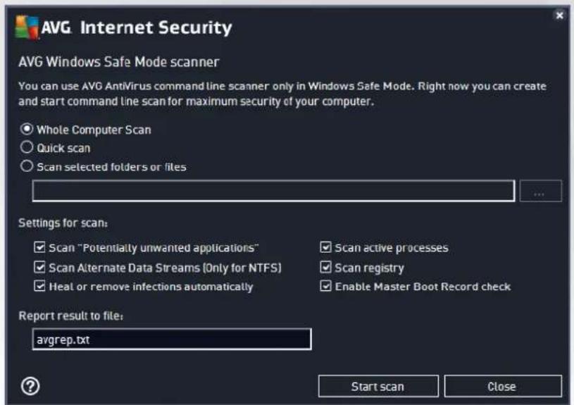 AVG Internet Security AVG Windows Safe Mode scanner You can use AVG AntiVirus command line scanner only in Windows Safe Mode. Right now you can create and start command line scan for maximum security of your computer. Whole Computer Scan Quick scan Scan selected folders or files Settings for scan: Scan "Potentially unwanted applications" Scan Active processes Scan Alternate Data Streams (Only for NTFS) Scan registry Heal or remove infections automatically Enable Master Boot Record check Report result to file: avgrep.txt Start scan Close