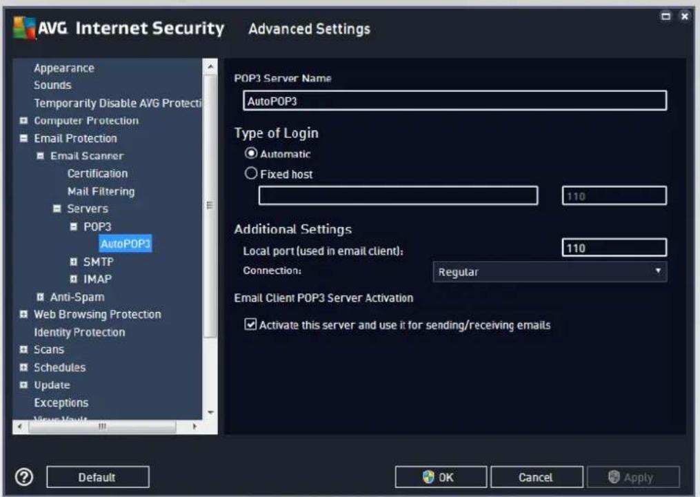 AVG Internet Security Advanced Settings Appearance Sounds Temporarily Disable AVG Protection Computer Protection Email Protection Email Scanner Certification Mail Filtering Servers POP3 AutoPOP3 SMTP IMAP Anti-Spam Web Browsing Protection Identity Protection Scans Schedules Update Exceptions View Vault POP3 Server Name AutoPOP3 Type of Login Automatic Fixed host 110 Additional Settings Local port (used in email client): 110 Connection: Regular Email Client POP3 Server Activation Activate this server and use it for sending/receiving emails Default OK Cancel Apply