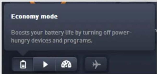 Economy mode Boosts your battery life by turning off power- hungry devices and programs.