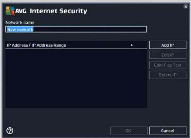 AVG Internet Security Network name New network IP Address / IP Address Range Add IP Edit IP Edit IP as Text Delete IP OK Cancel