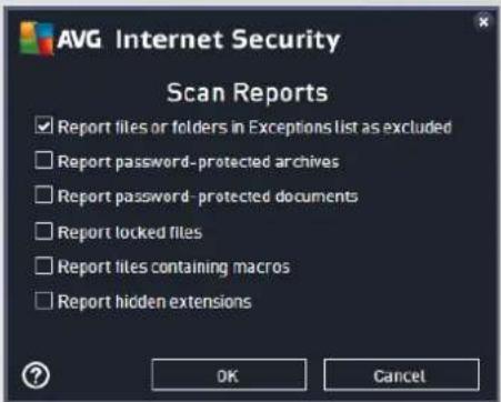 AVG Internet Security Scan Reports ✓ Report files or folders in Exceptions list as excluded □ Report password-protected archives □ Report password-protected documents □ Report locked files □ Report files containing macros □ Report hidden extensions OK Cancel