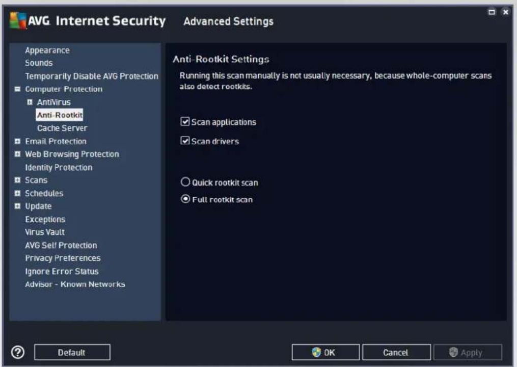 AVG Internet Security Appearance Sounds Temporarily Disable AVG Protection Computer Protection AntiVirus Anti-Rootkit Cache Server Email Protection Web Browsing Protection Identity Protection Scans Schedules Update Exceptions Virus Vault AVG Self Protection Privacy Preferences Ignore Error Status Advisor - Known Networks Advanced Settings Anti-Rootkit Settings Running this scan manually is not usually necessary, because whole-computer scans also detect rootkits. Scan applications Scan drivers Quick rootkit scan Full rootkit scan Default OK Cancel Apply