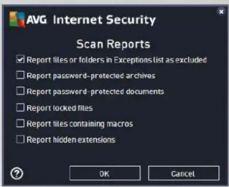 AVG Internet Security Scan Reports ✓ Report files or folders in Exceptions list as excluded ☐ Report password-protected archives ☐ Report password-protected documents ☐ Report locked files ☐ Report files containing macros ☐ Report hidden extensions OK Cancel