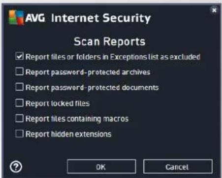 AVG Internet Security Scan Reports ✓ Report files or folders in Exceptions list as excluded □ Report password-protected archives □ Report password-protected documents □ Report locked files □ Report files containing macros □ Report hidden extensions OK Cancel