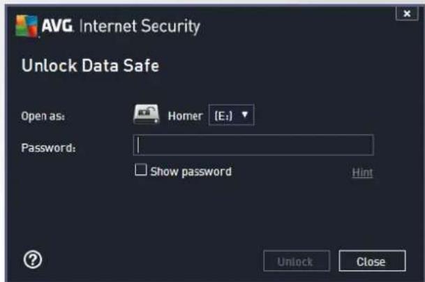 AVG Internet Security Unlock Data Safe Open as: Homer {E:) Password: Show password Hint Unlock Close