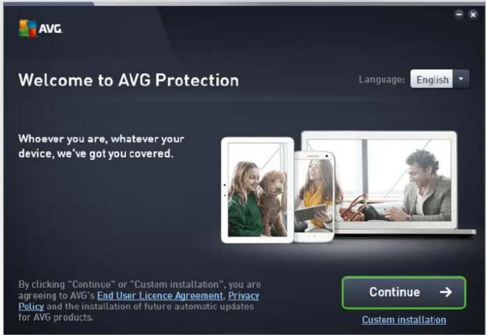 AVG. Welcome to AVG Protection Language: English Whoever you are, whatever your device, we've got you covered. By clicking "Continue" or "Custom installation", you are agreeing to AVG's End User Licence Agreement, Privacy Policy and the installation of future automatic updates for AVG products. Continue → Custom installation