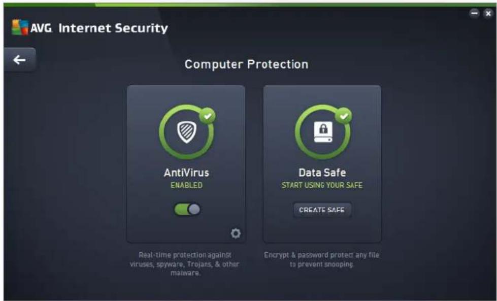 AVG Internet Security Computer Protection AntiVirus ENABLED Real-time protection against viruses; spyware, Trojans, & other malware. Data Safe START USING YOUR SAFE CREATE SAFE Encrypt & password protect any file to prevent snooping