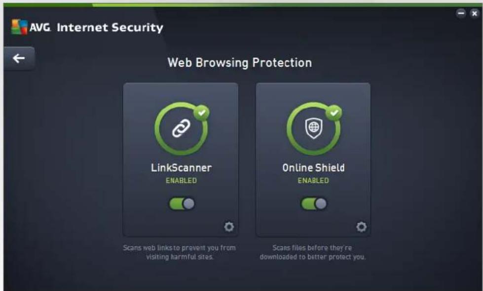 AVG Internet Security Web Browsing Protection LinkScanner ENABLED Online Shield ENABLED Scans web links to prevent you from visiting harmful sites. Scans files before they're downloaded to better protect you.