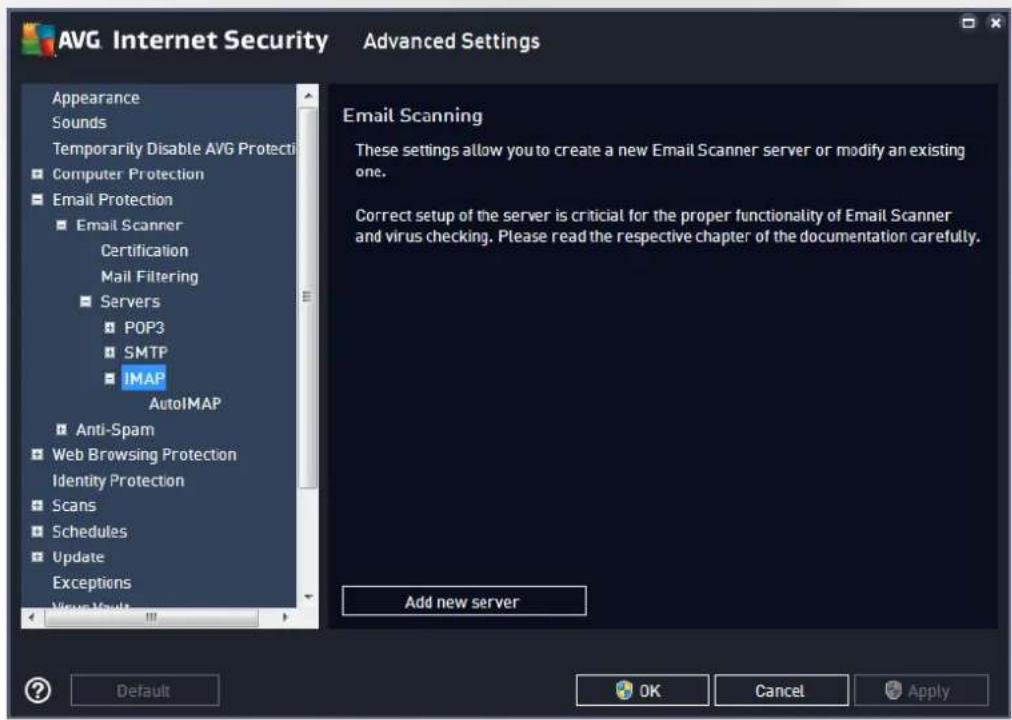 AVG Internet Security Advanced Settings Appearance Sounds Temporarily Disable AVG Protection Computer Protection Email Protection Email Scanner Certification Mail Filtering Servers POP3 SMTP IMAP AutoIMAP Anti-Spam Web Browsing Protection Identity Protection Scans Schedules Update Exceptions View Vault Email Scanning These settings allow you to create a new Email Scanner server or modify an existing one. Correct setup of the server is critical for the proper functionality of Email Scanner and virus checking. Please read the respective chapter of the documentation carefully. Add new server Default OK Cancel Apply