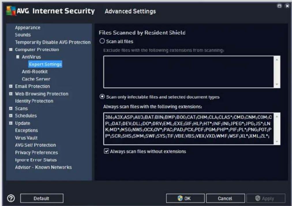 AVG Internet Security Advanced Settings Appearance Sounds Temporarily Disable AVG Protection Computer Protection AntiVirus Expert Settings Anti-Rootkit Cache Server Email Protection Web Browsing Protection Identity Protection Scans Schedules Update Exceptions Virus Vault AVG Self Protection Privacy Preferences Ignore Error Status Advisor - Known Networks Files Scanned by Resident Shield Scan all files Exclude files with the following extensions from scanning: Scan only infectable files and selected document types Always scan files with the following extensions: 386;A3X;ASP;AU3;BAT;BIN;BMP;BOO;CAT;CHM;CLA;CLAS*;CMD;CNM;COM;CPL;DAT;DEV;DLL;DO*;DRV;EML;EXE;GIF;HLP;HT*;INF;INI;JPEG*;JPG;JS*;LNK;MD*;MSG;NWS;OCX;OV*;PAC;PAD;PCX;PDF;PGM;PHP*;PIF;PL*;PNG;POT;PP*;SCR;SHS;SMM;SWF;SYS;TIF;VBE;VBS;VBX;VXD;WMF;WSF;XL*;XML;ZL*; Always scan files without extensions Default OK Cancel Apply