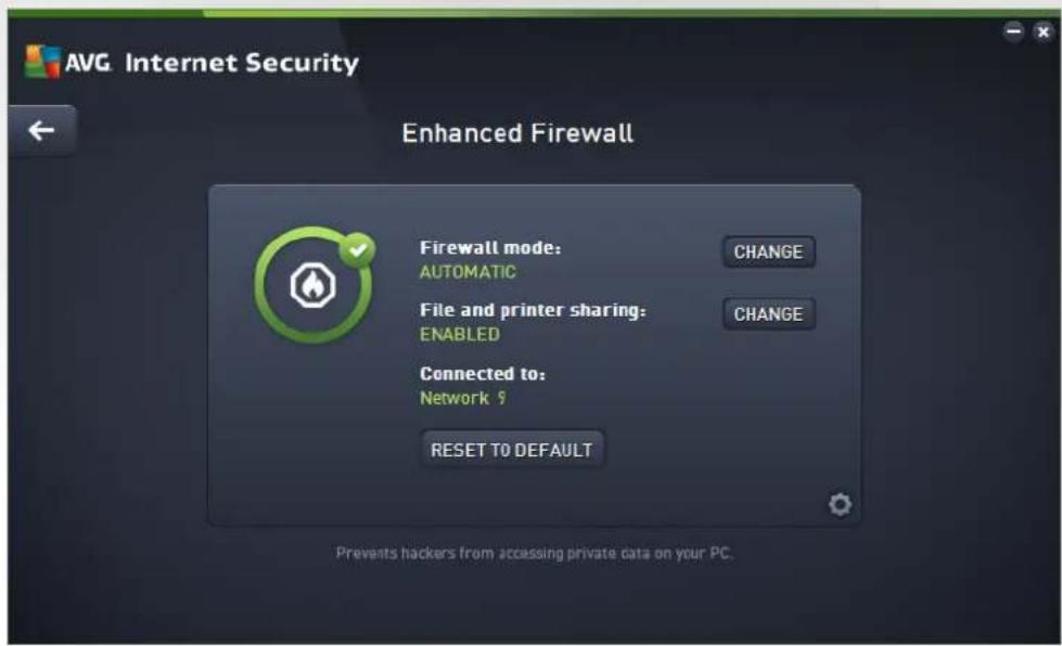 AVG Internet Security Enhanced Firewall Firewall mode: AUTOMATIC File and printer sharing: ENABLED Connected to: Network 9 RESET TO DEFAULT CHANGE CHANGE Prevents hackers from accessing private data on your PC.