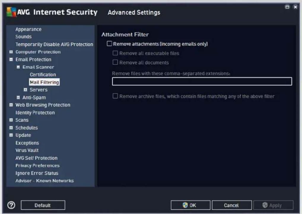 AVG Internet Security Advanced Settings Appearance Sounds Temporarily Disable AVG Protection Computer Protection Email Protection Email Scanner Certification Mail Filtering Servers Anti-Spam Web Browsing Protection Identity Protection Scans Schedules Update Exceptions Virus Vault AVG Self Protection Privacy Preferences Ignore Error Status Advisor - Known Networks Attachment Filter Remove attachments (incoming emails only) Remove all execurable files Remove all documents Remove files with these comma-separated extensions: Remove archive files, which contain files matching any of the above filter Default OK Cancel Apply