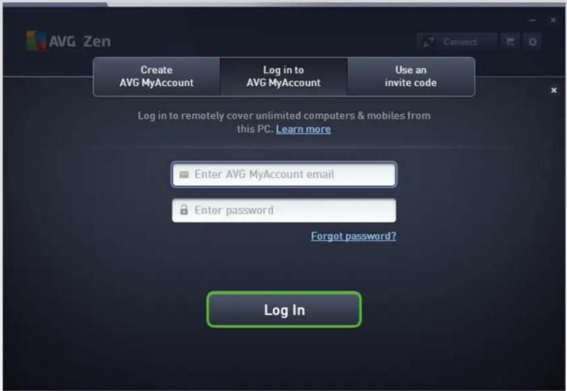 AVG Zen Create AVG MyAccount Log in to AVG MyAccount Use an invite code Log in to remotely cover unlimited computers & mobiles from this PC. Learn more Enter AVG MyAccount email Enter password Forgot password? Log In