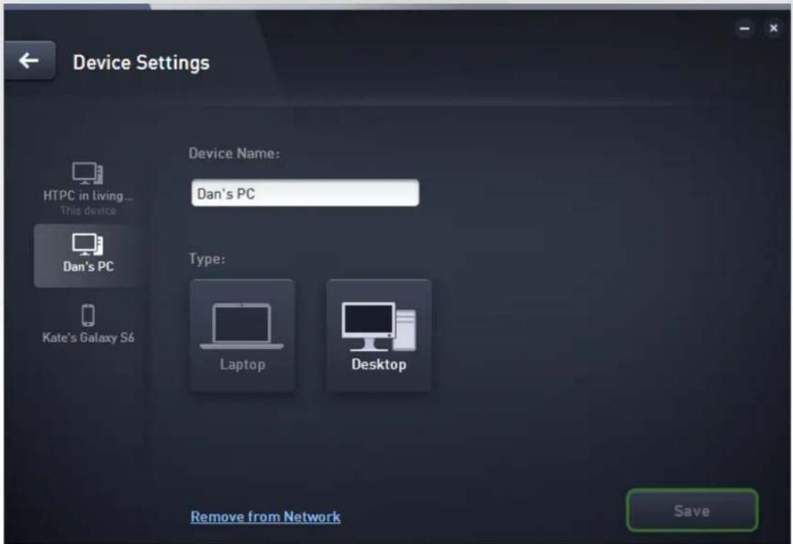 Device Settings Device Name: Dan's PC Type: Laptop Desktop Remove from Network Save