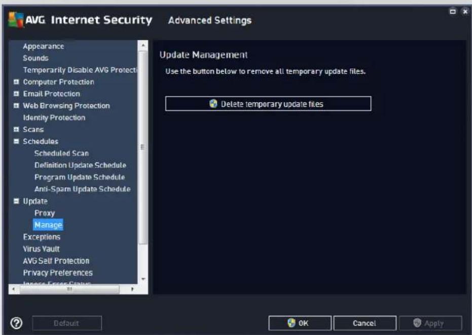 AVG Internet Security Advanced Settings Appearance Sounds Temporarily Disable AVG Protects Computer Protection Email Protection Web Browsing Protection Identity Protection Scans Schedules Scheduled Scan Definition Update Schedule Program Update Schedule Anti-Spam Update Schedule Update Proxy Manage Exceptions Virus Vault AVG Self Protection Privacy Preferences Ignore User Status Update Management Use the button below to remove all temporary update files. Delete temporary update files Default OK Cancel Apply
