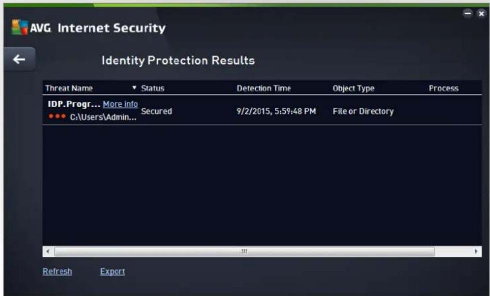 AVG Internet Security Identity Protection Results Threat Name Status Detection Time(Object Type Process IDP.Progr... More info Secured 9/2/2015, 5:59:48 PM File or Directory Refresh Export