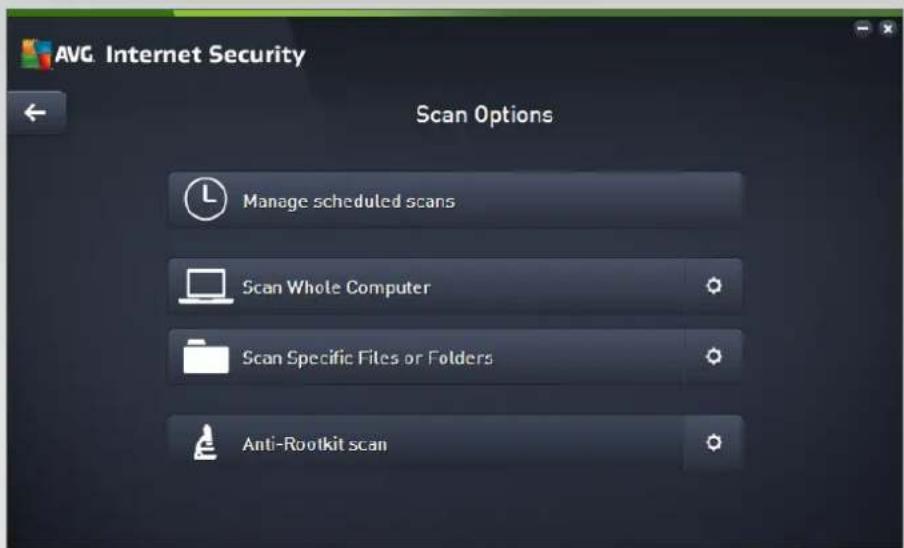 AVG Internet Security Scan Options Manage scheduled scans Scan Whole Computer Scan Specific Files or Folders Anti-Rootkit scan