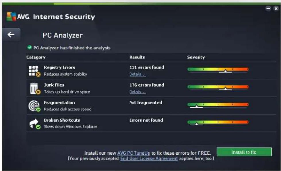 AVG Internet Security PC Analyzer ✓ PC Analyzer has finished the analysis Category Results Severity Registry Errors 131 errors found Reduces system stability Details... Junk Files 176 errors found Takes up hard drive space Details... Fragmentation Not fragmented Reduces disk access speed Broken Shortcuts Errors not found Slows down Windows Explorer Install our new AVG PC TuneUp to fix these errors for FREE. (Your previously accepted End User License Agreement applies here, too.) Install to fix