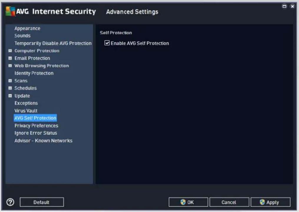 AVG Internet Security Advanced Settings Appearance Sounds Temporarily Disable AVG Protection Computer Protection Email Protection Web Browsing Protection Identity Protection Scans Schedules Update Exceptions Virus Vault AVG Self Protection Privacy Preferences Ignore Error Status Advisor - Known Networks Self Protection Enable AVG Self Protection Default OK Cancel Apply