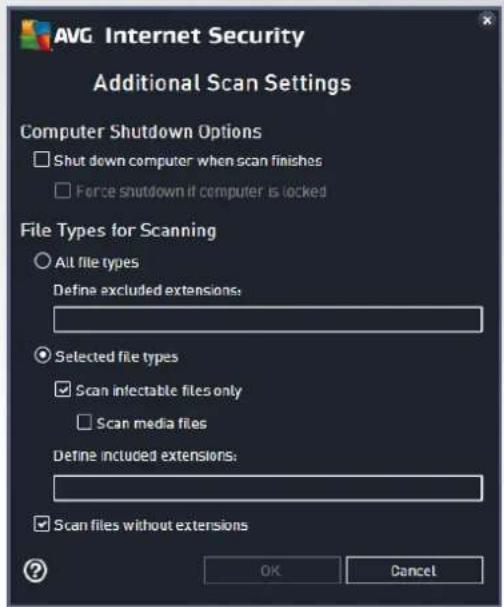 AVG Internet Security Additional Scan Settings Computer Shutdown Options □ Shut down computer when scan finishes □ Force shutdown if computer is locked File Types for Scanning ○ All file types Define excluded extensions: ● Selected file types ✓ Scan infectable files only □ Scan media files Define included extensions: ☑ Scan files without extensions OK Cancel